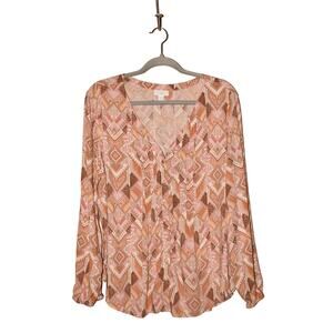 J. JILL $68 Boho Inspired Geometric Print V-Neck Pleated‎ Button Down Blouse PL